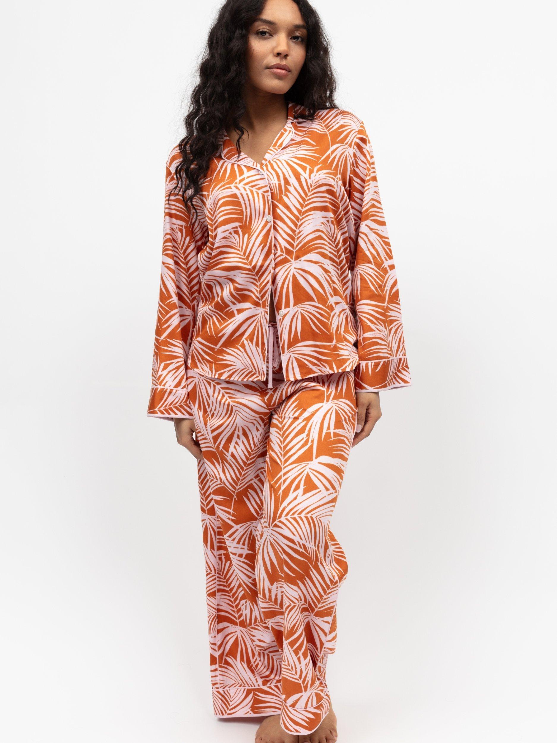 Product image 1 of 4, which shows Fable & Eve Camden Palm Print Long Pyjama Set, Burnt Orange, 8
