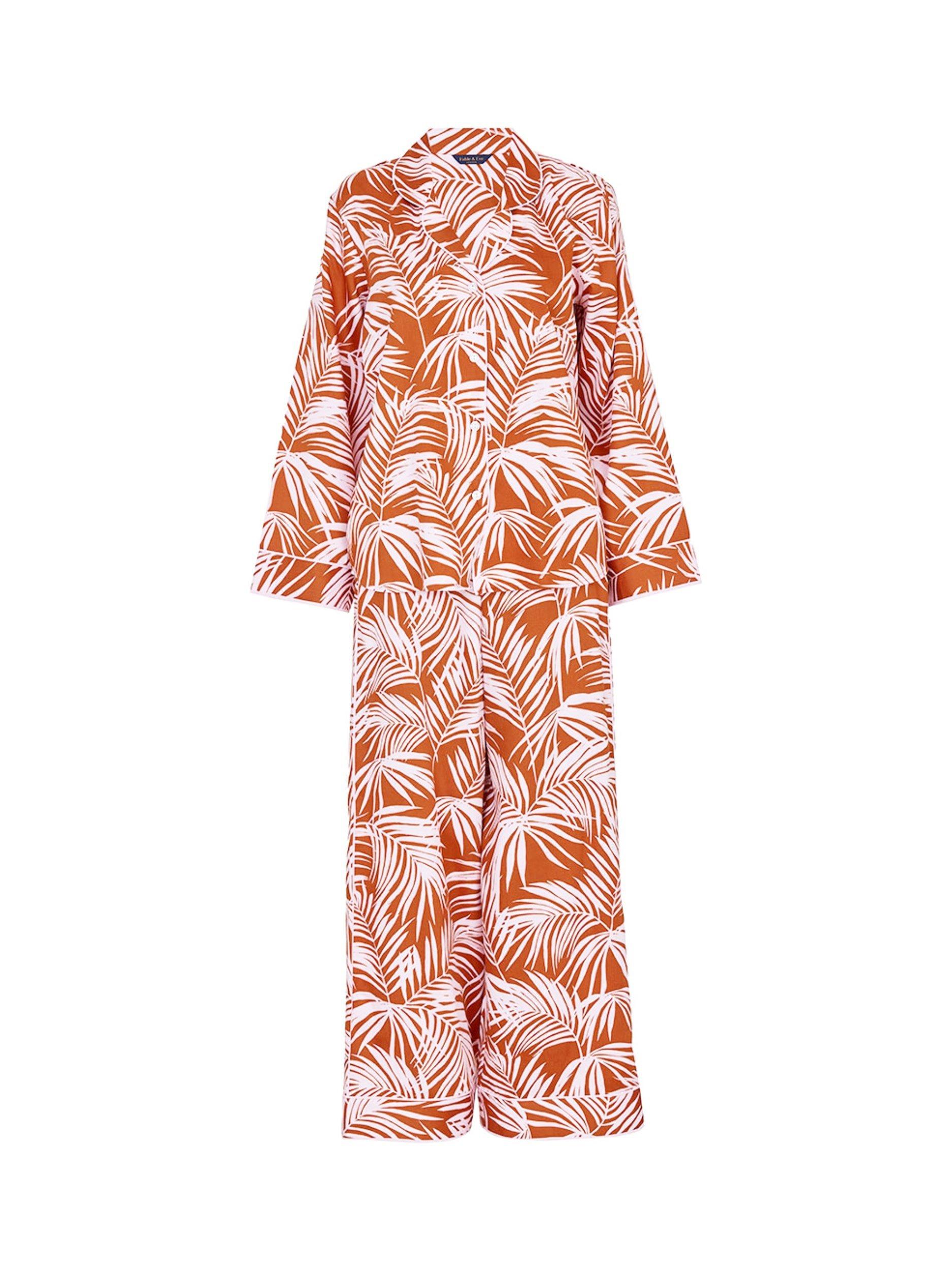 Product image 4 of 4, which shows Fable & Eve Camden Palm Print Long Pyjama Set, Burnt Orange, 8