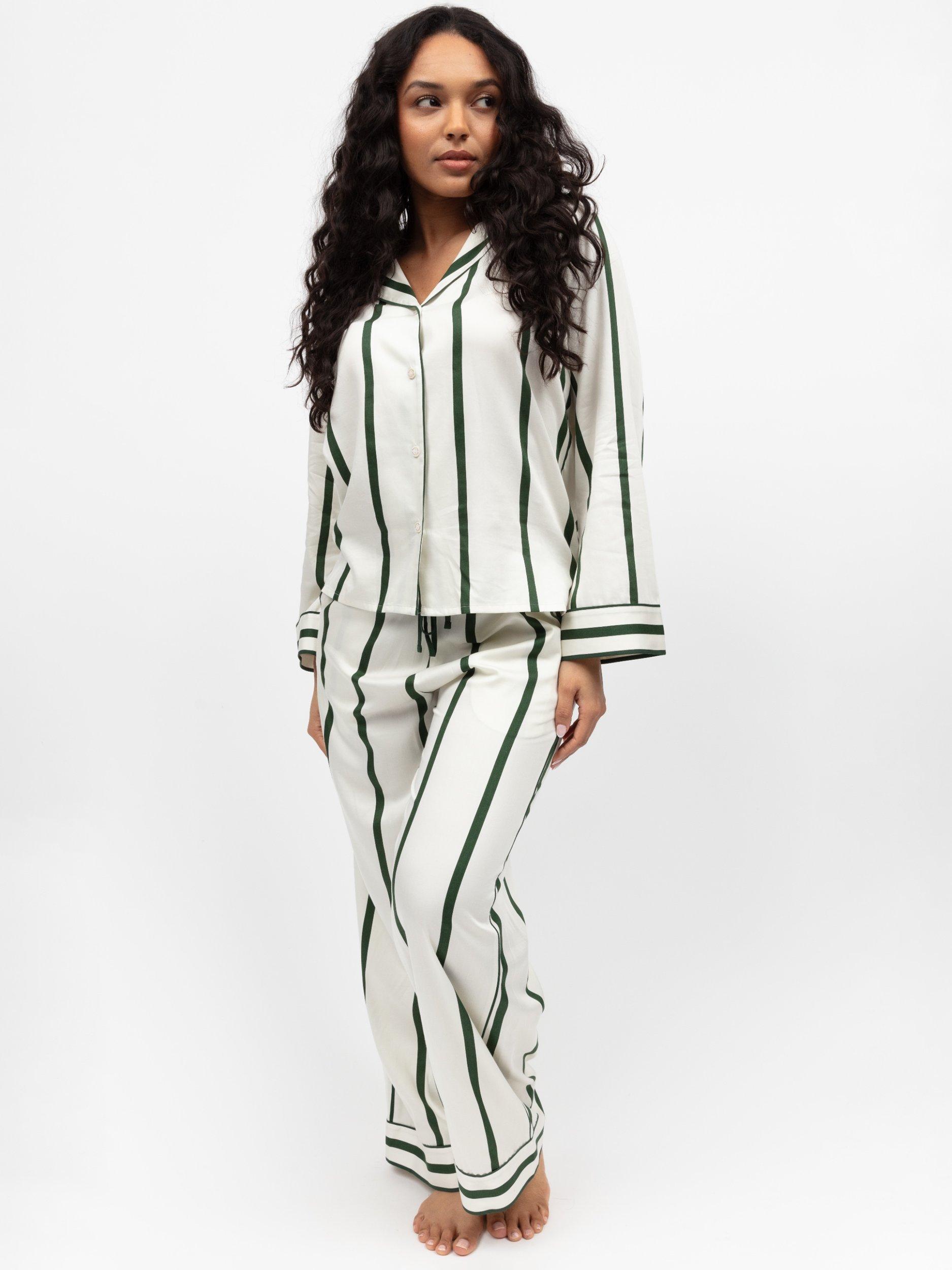 Product image 1 of 3, which shows Fable & Eve Maida Vale Stripe Long Sleeve Long Pyjama Set, Olive Green, 8