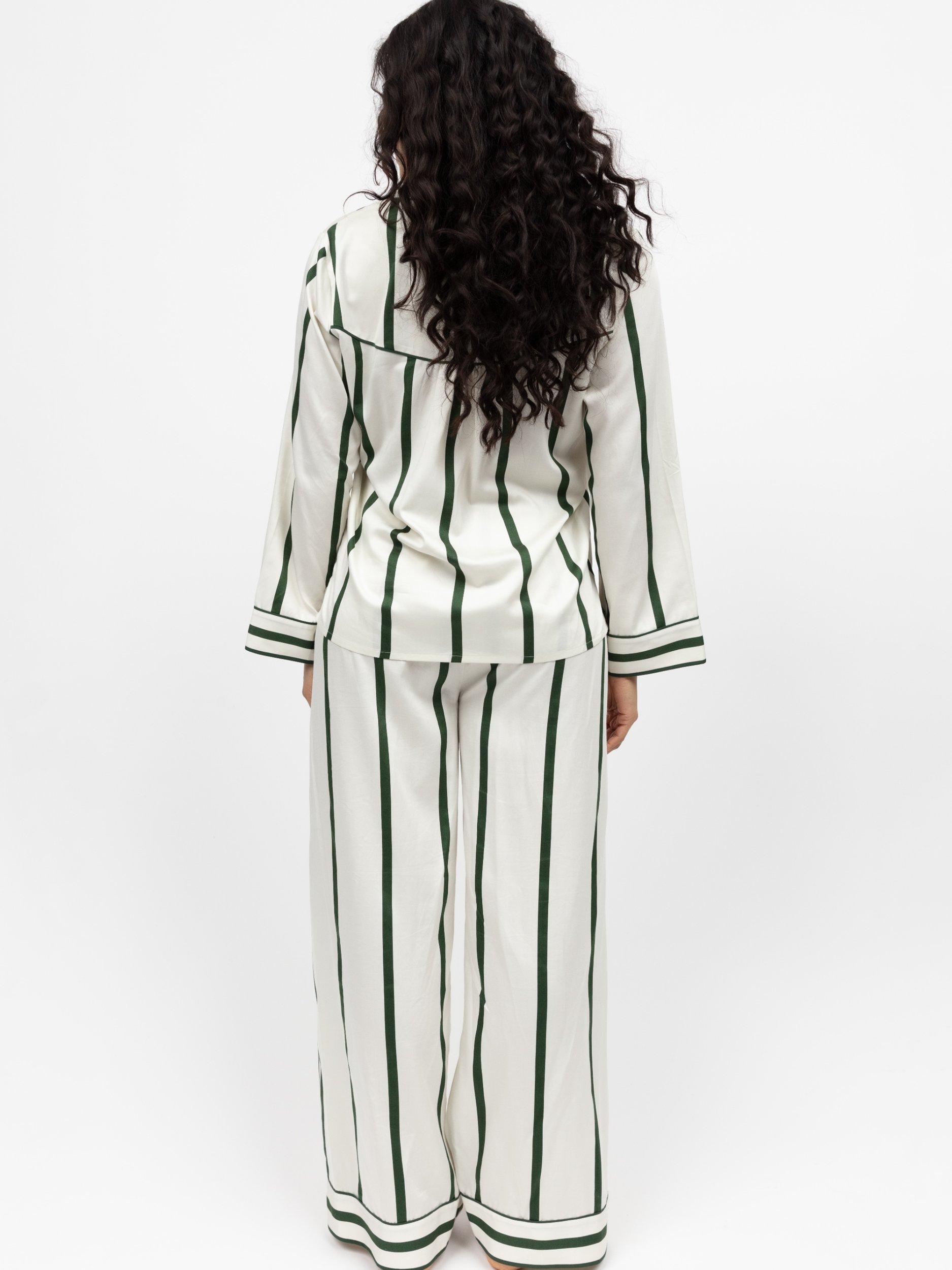 Product image 2 of 3, which shows Fable & Eve Maida Vale Stripe Long Sleeve Long Pyjama Set, Olive Green, 8