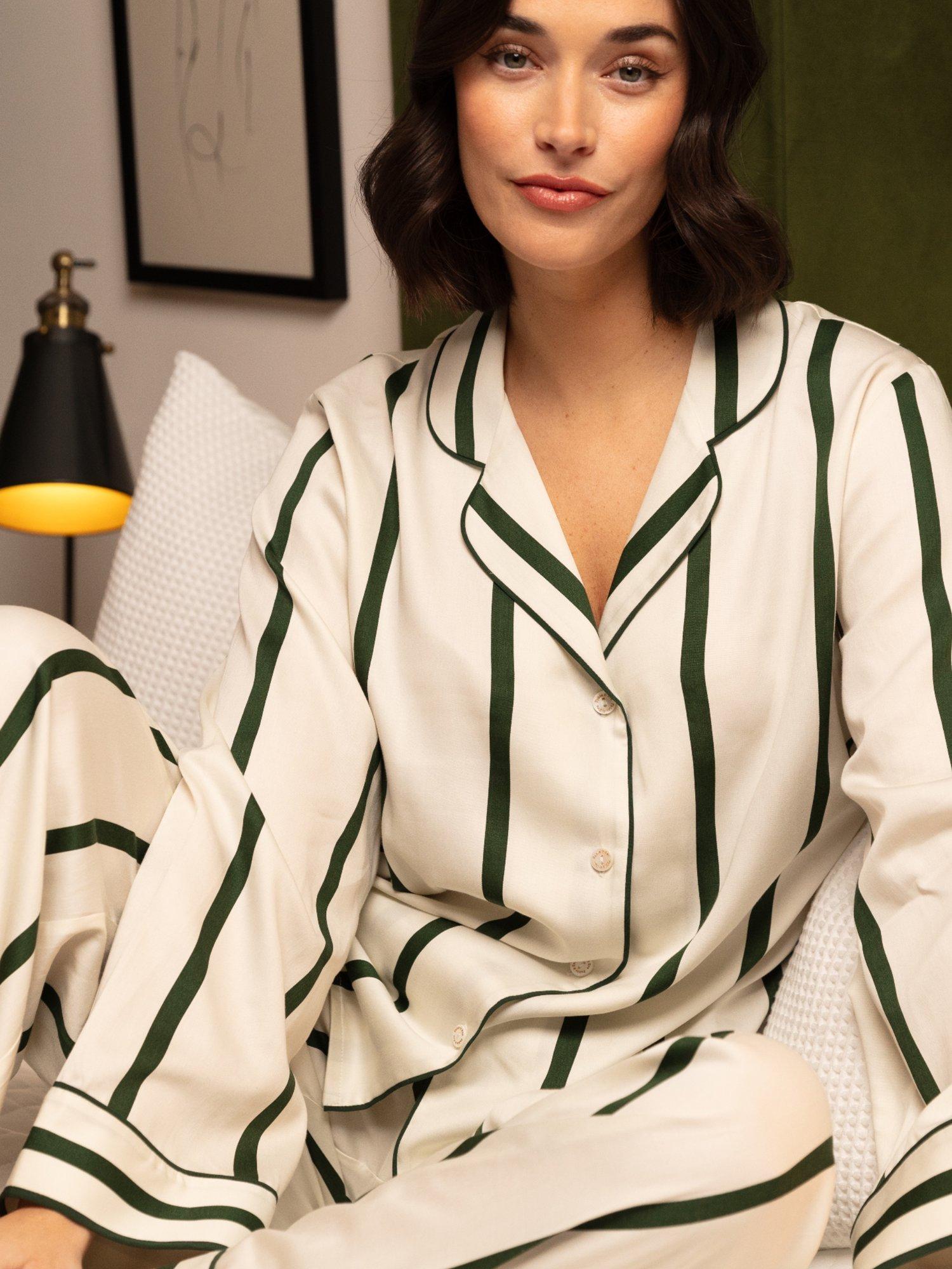 Product image 3 of 3, which shows Fable & Eve Maida Vale Stripe Long Sleeve Long Pyjama Set, Olive Green, 8