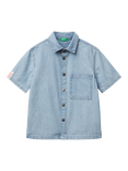 Benetton Kids' Denim Short Sleeved Checked Shirt, Sky Blue
