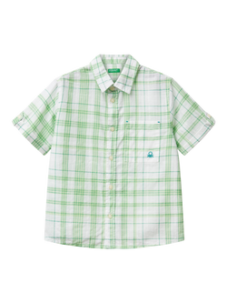 Benetton Kids' Cotton Short Sleeved Checked Shirt, Multicolor, Multicolor