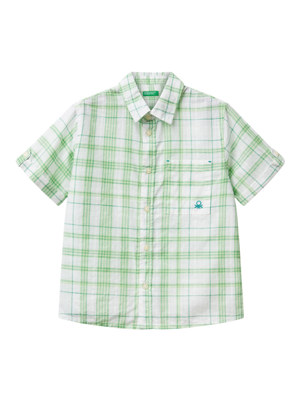 Benetton Kids' Cotton Short Sleeved Checked Shirt, Multicolor, Multicolor