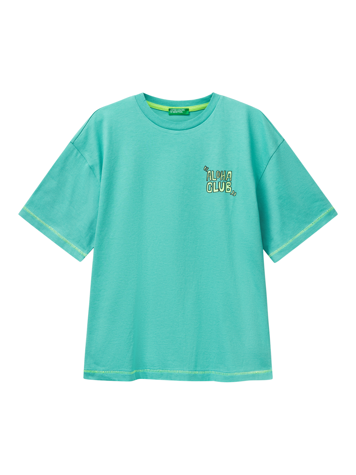 Product image 1 of 3, which shows Benetton Kids' Cotton Graphic Print T-Shirt, Teal Green, 6-7 years