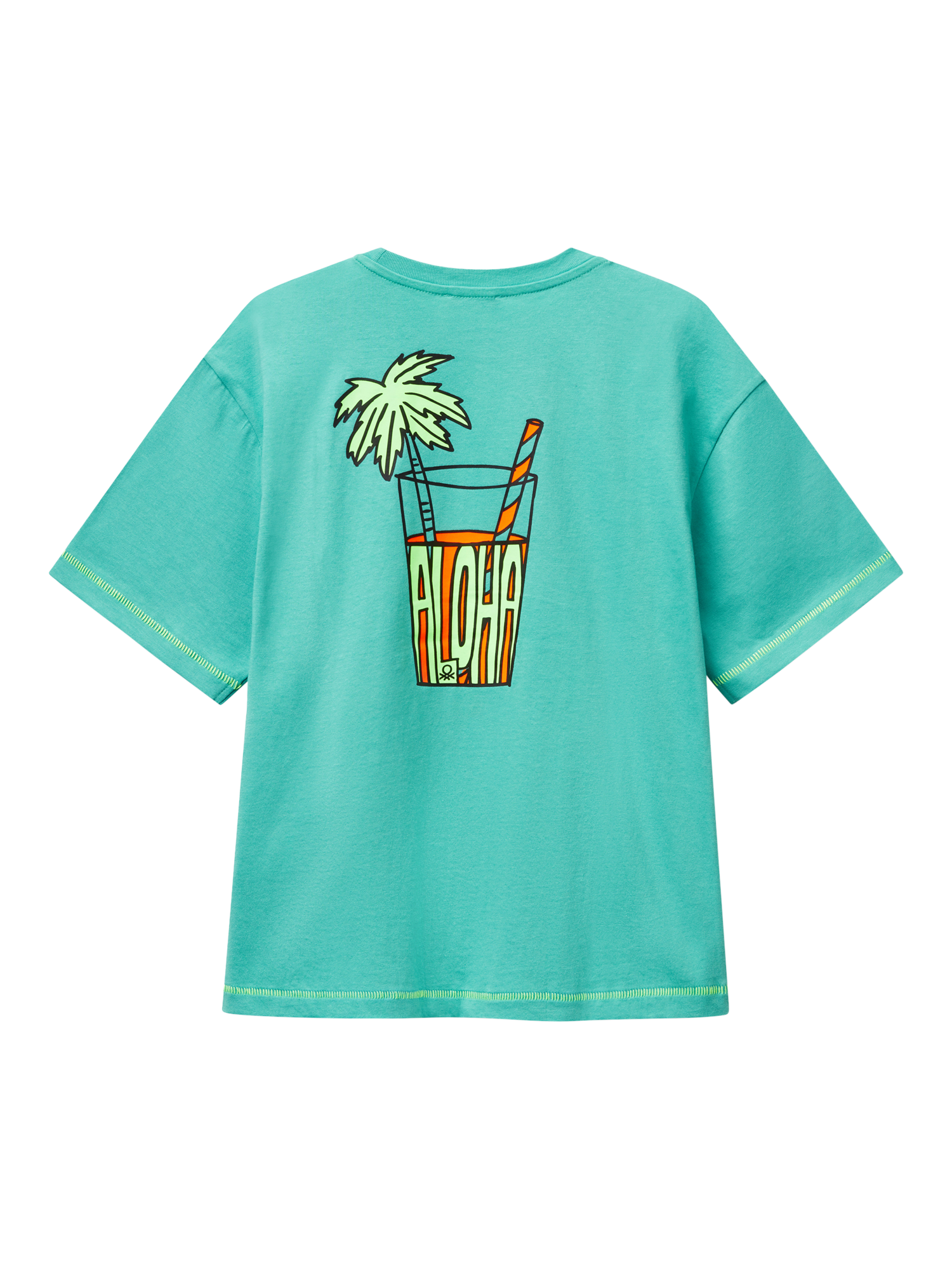 Product image 2 of 3, which shows Benetton Kids' Cotton Graphic Print T-Shirt, Teal Green, 6-7 years