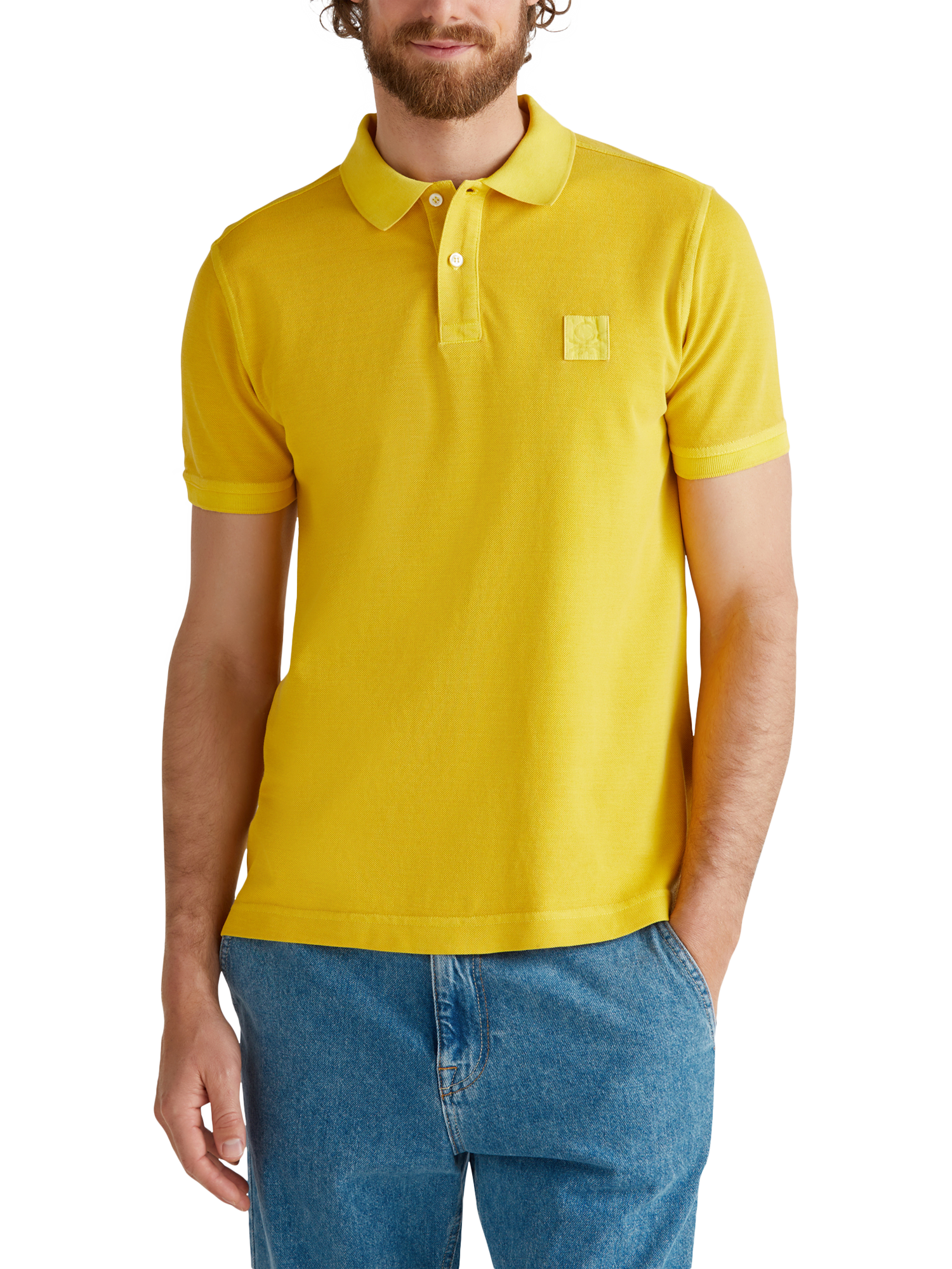 Product image 1 of 4, which shows Benetton Cotton Regular Fit Short Sleeve Piqué Polo Shirt, Gold, XXL
