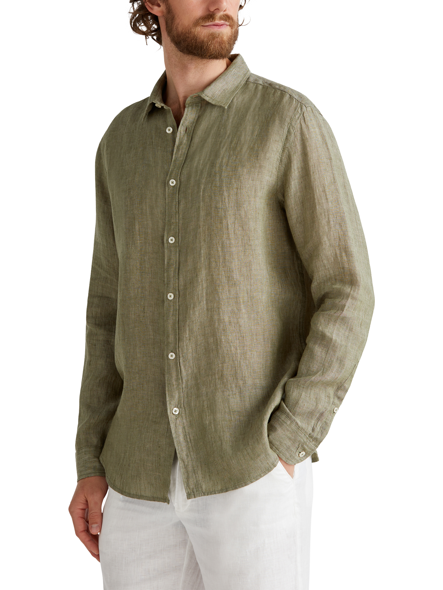 Product image 1 of 4, which shows Benetton Regular Fit Linen Shirt, Dark Military Green, S