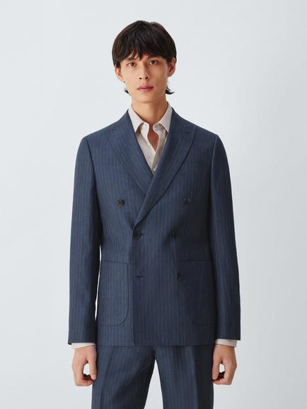 John Lewis Double Breasted Regular Fit Striped Linen Suit Jacket, Navy Stripe, Navy Stripe