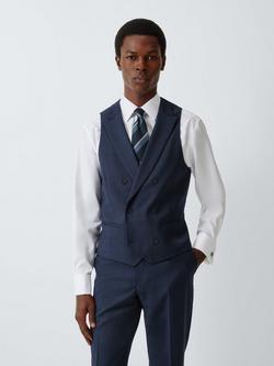 John Lewis Prince of Wales Check Slim Fit Wool Double Breasted Suit Waistcoat, Navy Check, Navy Check