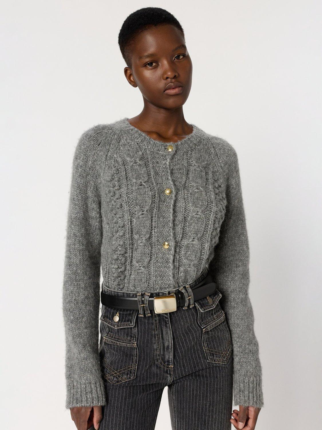 Product image 1 of 6, which shows Gerard Darel Eliane Cable Knit Wool Rich Cardigan, Grey, 10