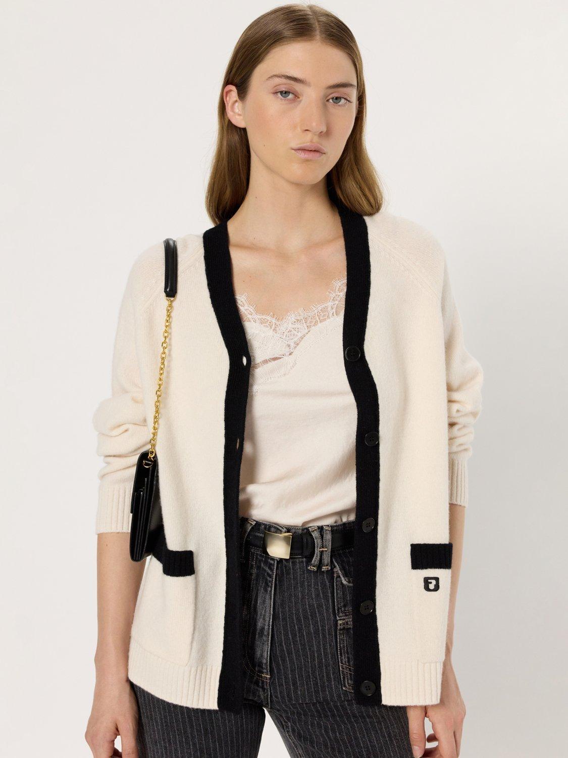 Product image 1 of 1, which shows Gerard Darel Ester Contrast Trim Pure Wool Cardigan, Ecru, 6