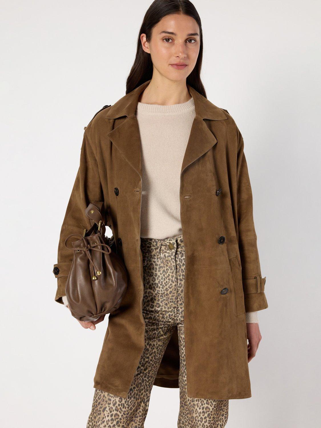 Product image 1 of 6, which shows Gerard Darel Manon Longline Suede Leather Coat, Camel, 8