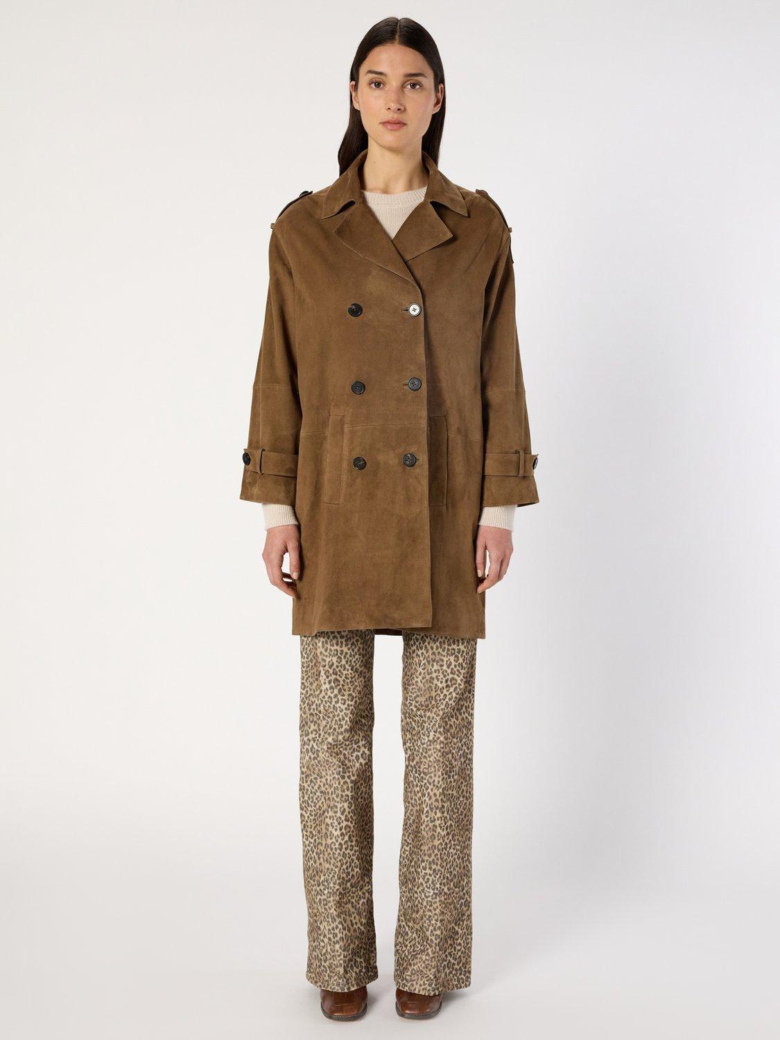Product image 2 of 6, which shows Gerard Darel Manon Longline Suede Leather Coat, Camel, 8
