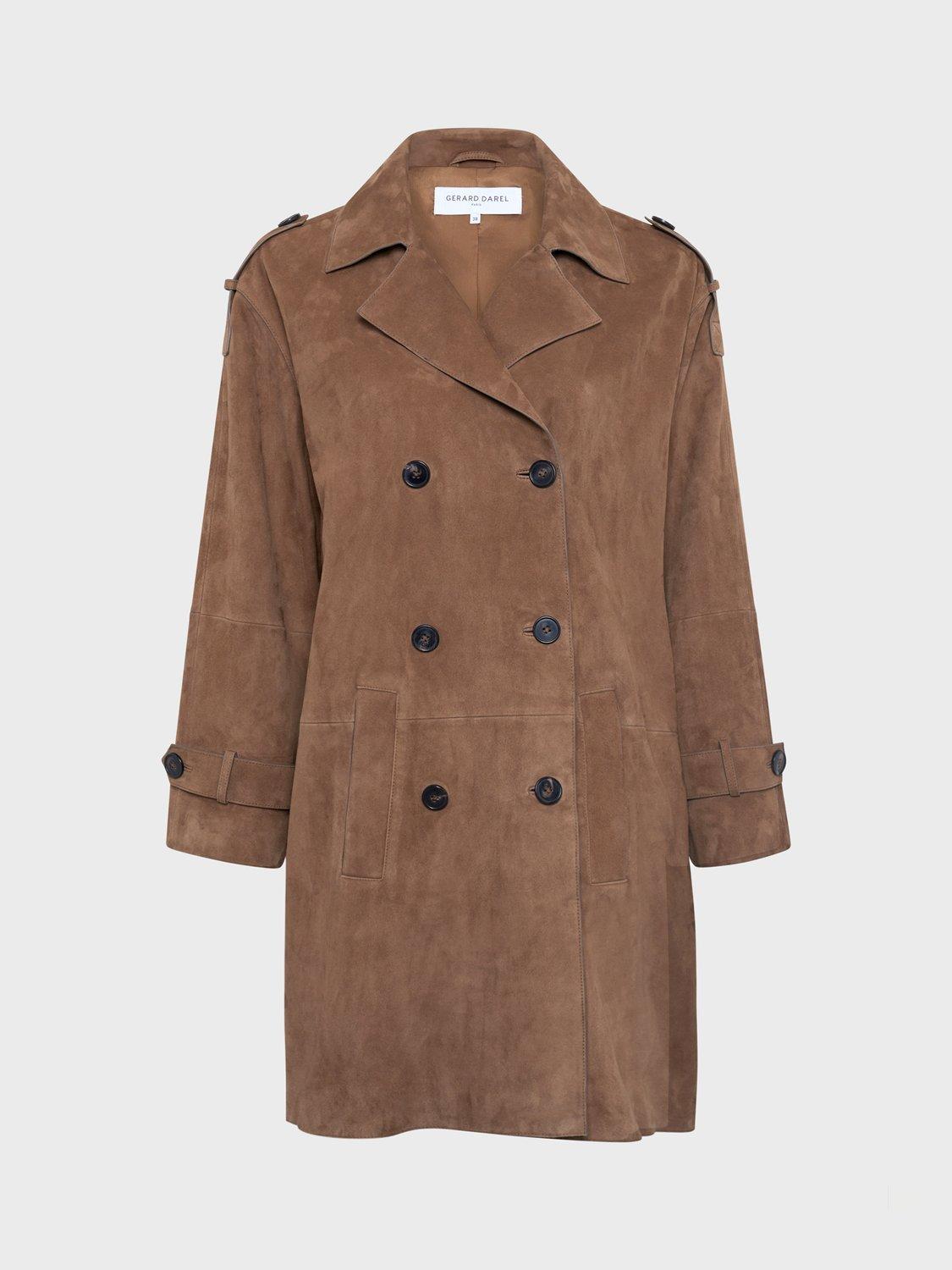 Product image 4 of 6, which shows Gerard Darel Manon Longline Suede Leather Coat, Camel, 8