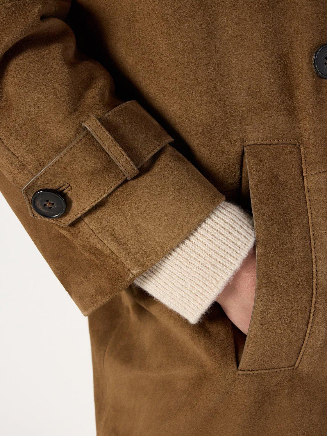 Product image 6 of 6, which shows Gerard Darel Manon Longline Suede Leather Coat, Camel, 8
