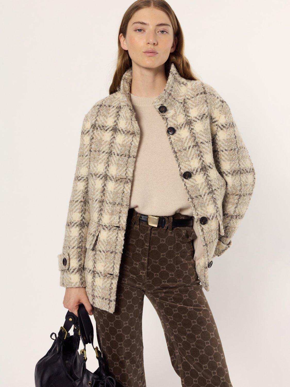 Product image 1 of 2, which shows Gerard Darel Manuela Check Print Wool Blend Coat, Natural, 8