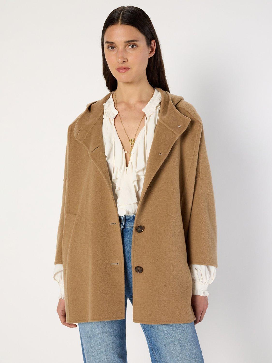 Product image 1 of 6, which shows Gerard Darel Marla Hooded Wool Overcoat, Straw, 8