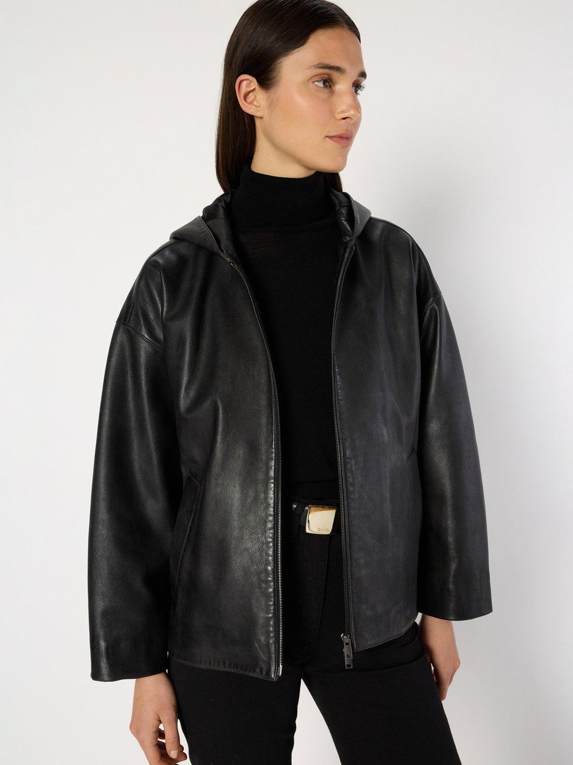 Product image 1 of 6, which shows Gerard Darel Nabila Leather Blend Long Sleeve Hood Jacket, Black, 10