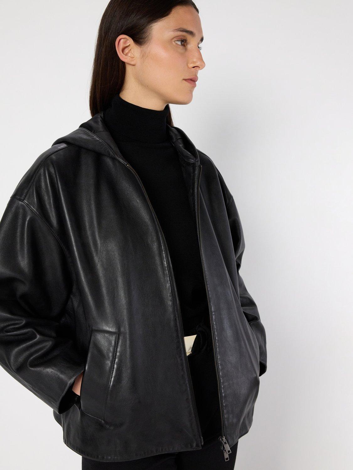 Product image 5 of 6, which shows Gerard Darel Nabila Leather Blend Long Sleeve Hood Jacket, Black, 10