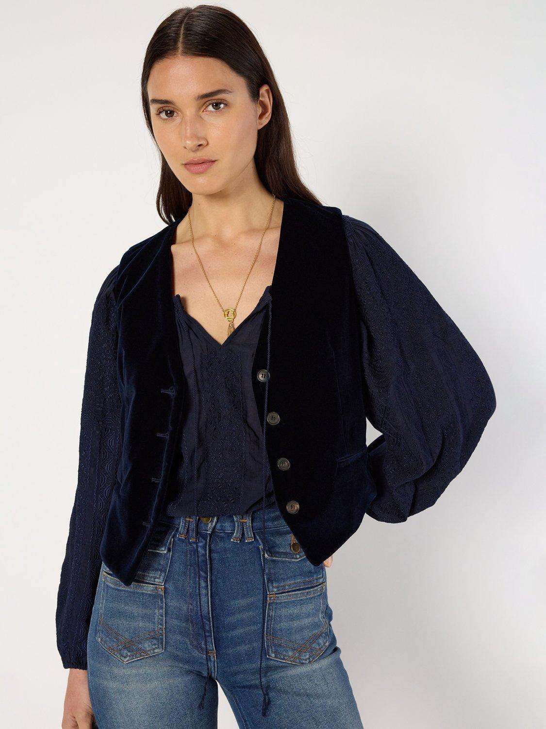 Product image 1 of 6, which shows Gerard Darel Nais Cotton Blend Sleeveless V Neck Blazer, Navy, 8