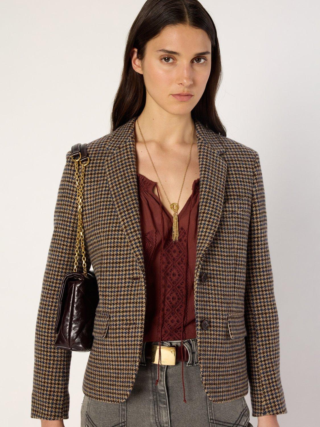 Gerard Darel Nathane Wool Check Dogtooth Long Sleeve Collar Blazer