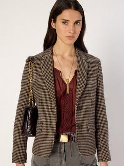 Gerard Darel Nathane Wool Check Dogtooth Long Sleeve Collar Blazer, Beige/Multi