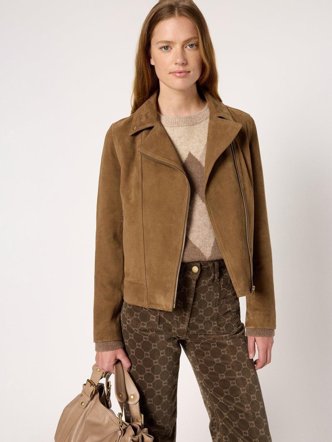 Product image 1 of 6, which shows Gerard Darel Nelly Leather Blend Long Sleeve Collar Jacket, Camel, 10
