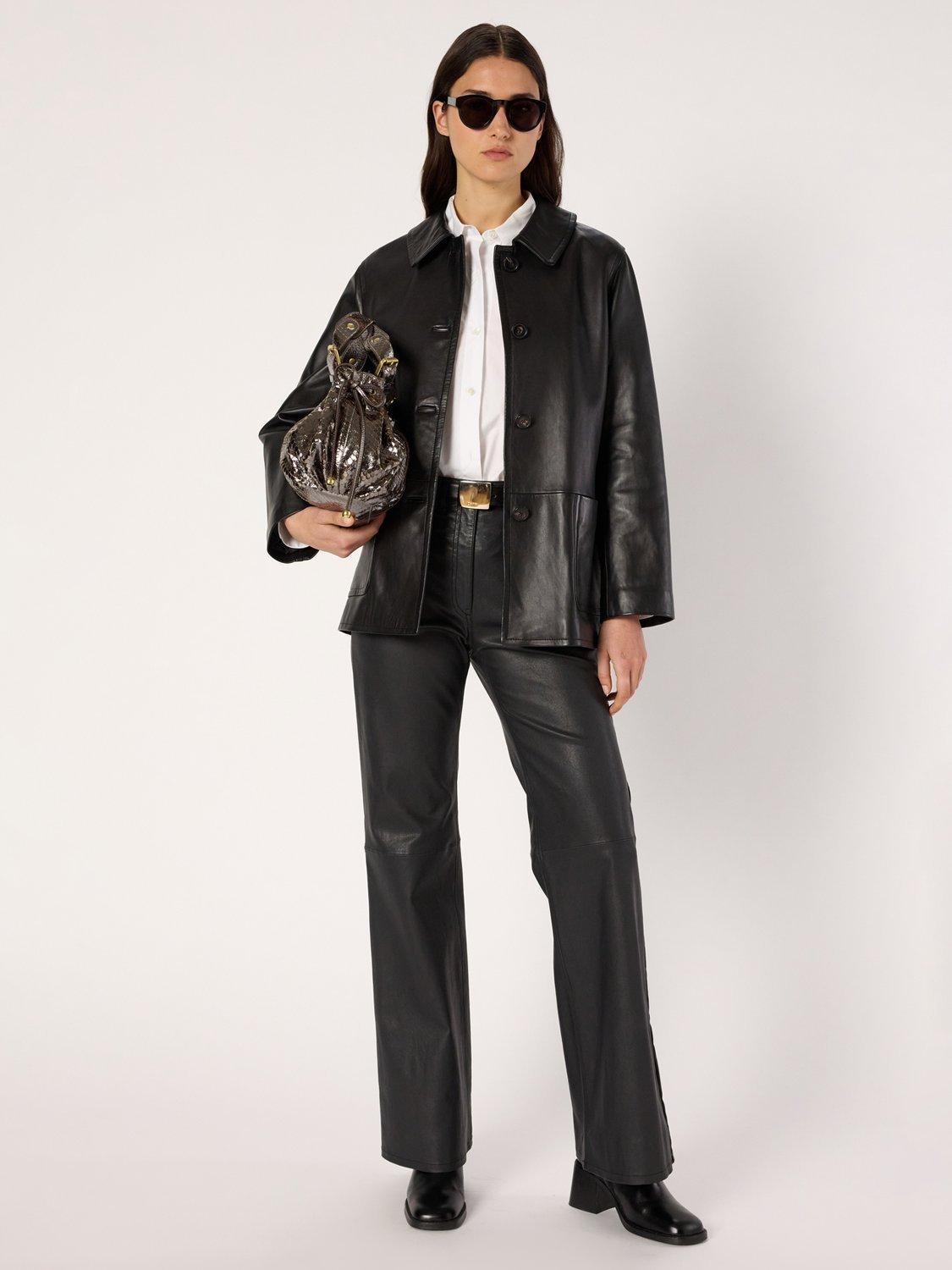 Product image 1 of 6, which shows Gerard Darel Neva Leather Blend Long Sleeve Collar Jacket, Black, 10