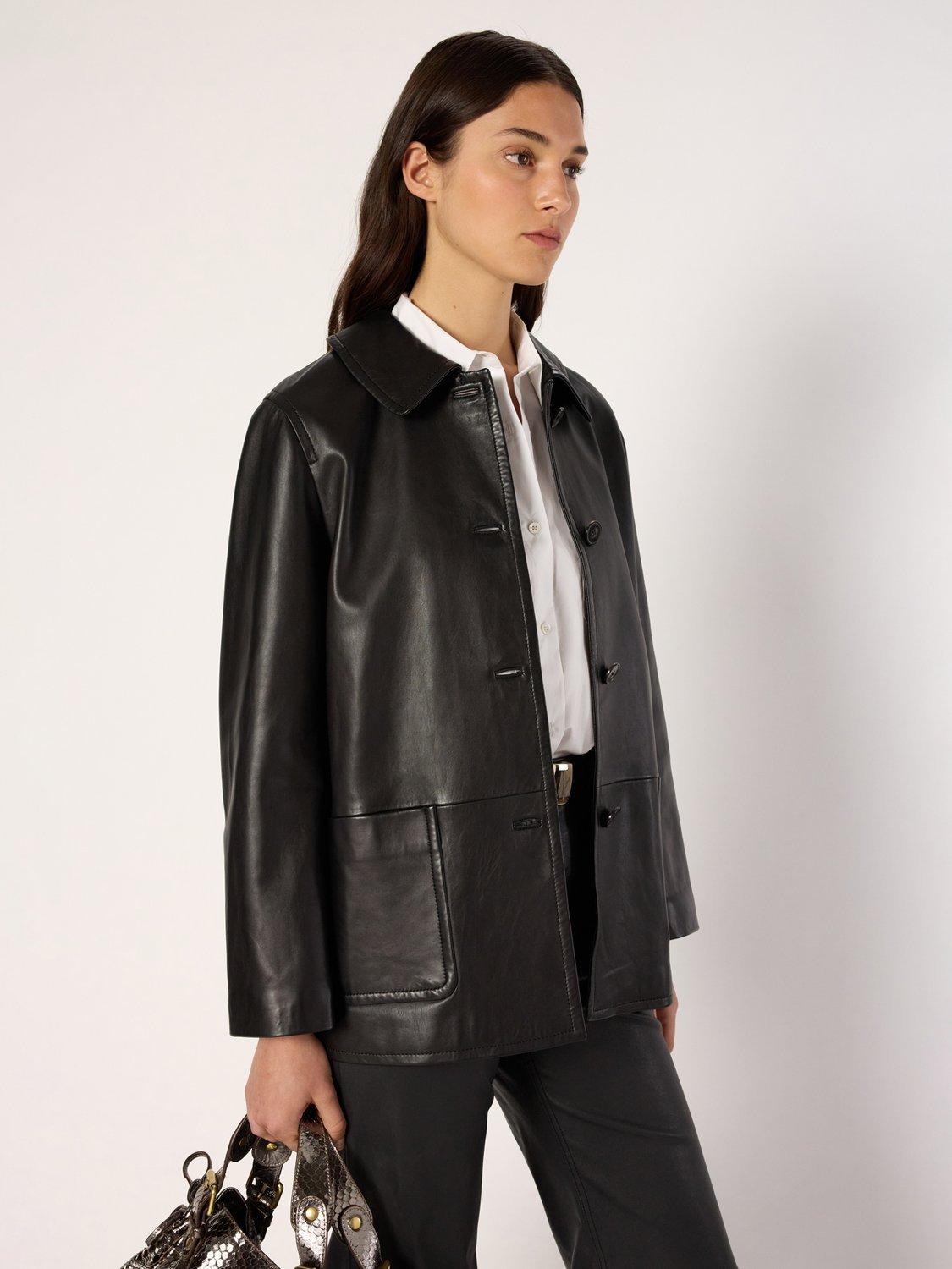 Product image 5 of 6, which shows Gerard Darel Neva Leather Blend Long Sleeve Collar Jacket, Black, 10