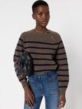 Gerard Darel Edith Stripe Button Detail Pure Wool Jumper, Camel