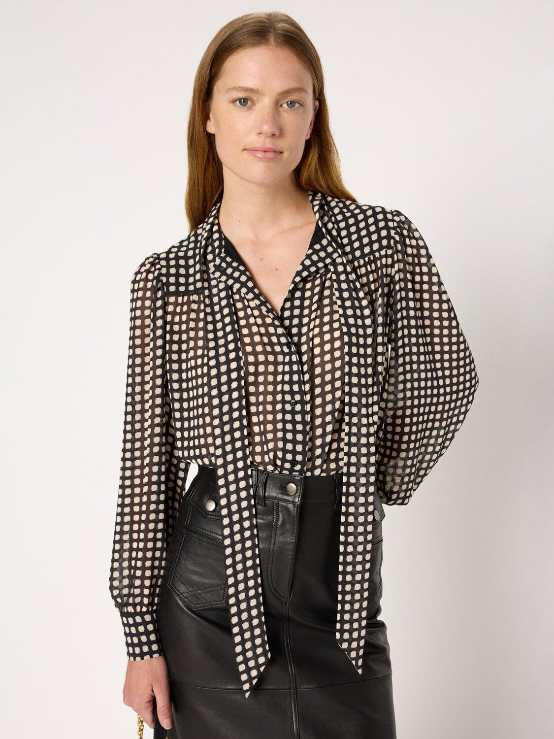 Product image 1 of 6, which shows Gerard Darel Alisha Tie Neck Patterned Blouse, Black, 10