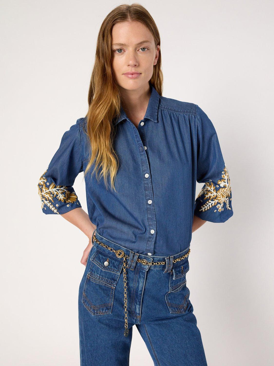 Product image 1 of 6, which shows Gerard Darel Floral Embroidered Shirt, Blue, 10