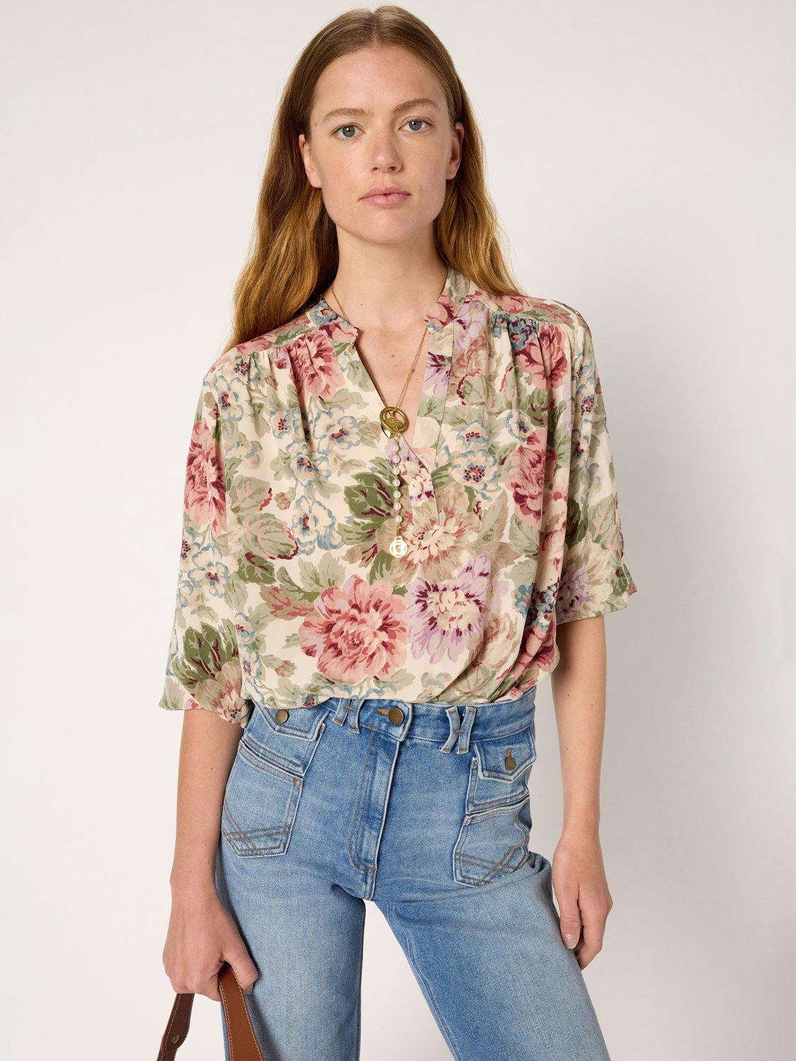 Product image 1 of 6, which shows Gerard Darel Armande Long Sleeve V Neck Blouse, Natural, 10