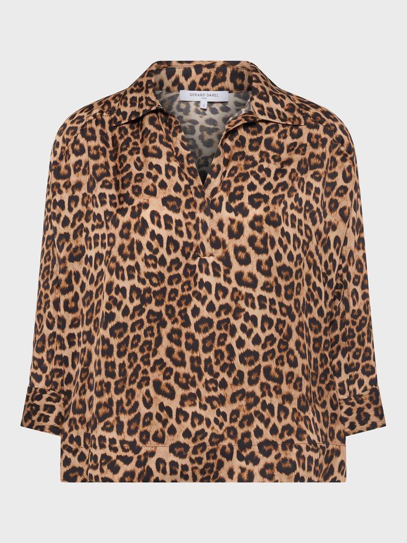 Product image 4 of 6, which shows Gerard Darel Aude Leopard Print Long Sleeve V Neck Blouse, Straw, 10
