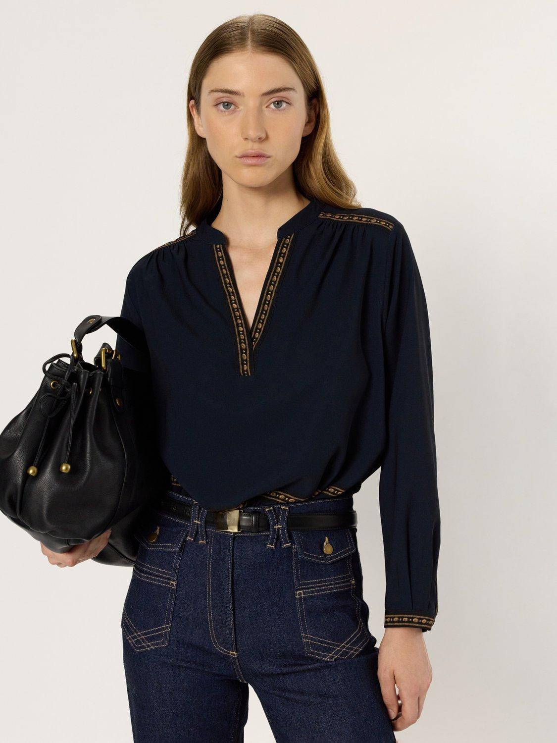 Product image 1 of 2, which shows Gerard Darel Aurelie Emroidered Long Sleeve V Neck Blouse, Navy, 8