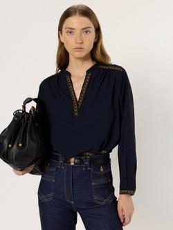 Gerard Darel Aurelie Emroidered Long Sleeve V Neck Blouse, Navy