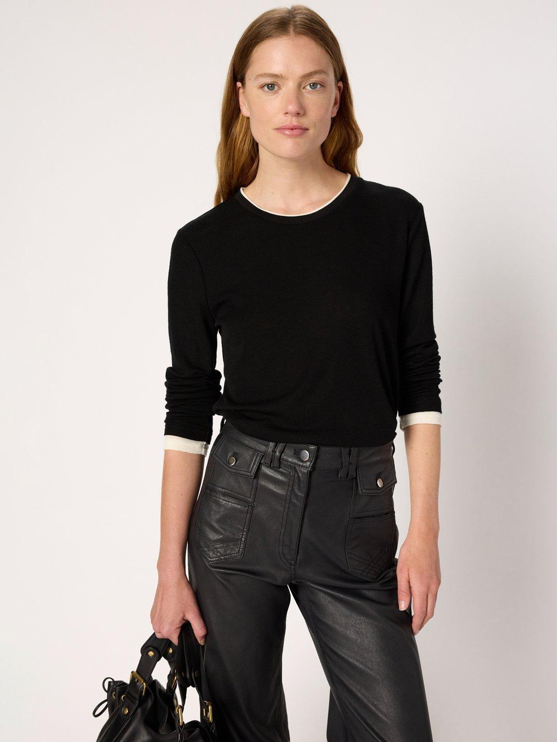 Product image 5 of 6, which shows Gerard Darel Hanae Round Neck Long Sleeve Wool Shirt, Black, 10