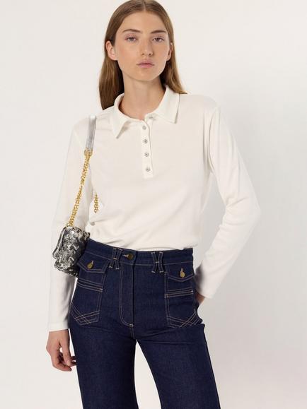 Gerard Darel Hania Cotton Long Sleeve Collar Polo Shirt, Natural