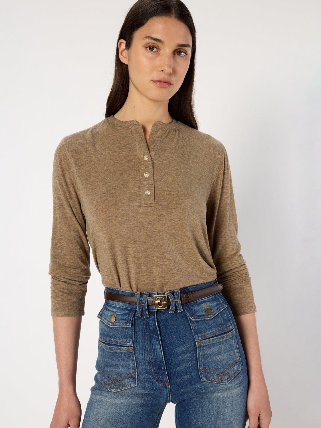 Product image 1 of 6, which shows Gerard Darel Hugue Button Neck Acrylic Knit Blend Jersey Top, Camel, 12
