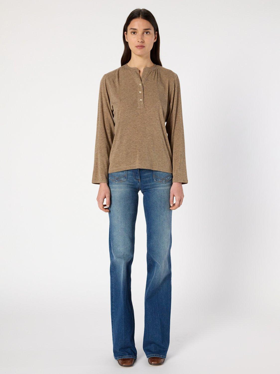 Product image 2 of 6, which shows Gerard Darel Hugue Button Neck Acrylic Knit Blend Jersey Top, Camel, 12