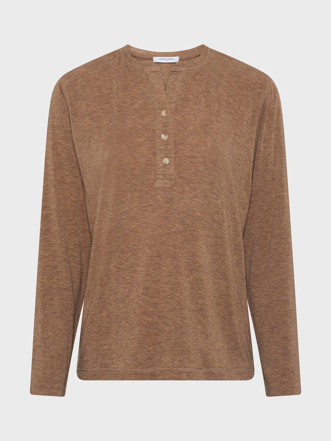 Product image 4 of 6, which shows Gerard Darel Hugue Button Neck Acrylic Knit Blend Jersey Top, Camel, 12