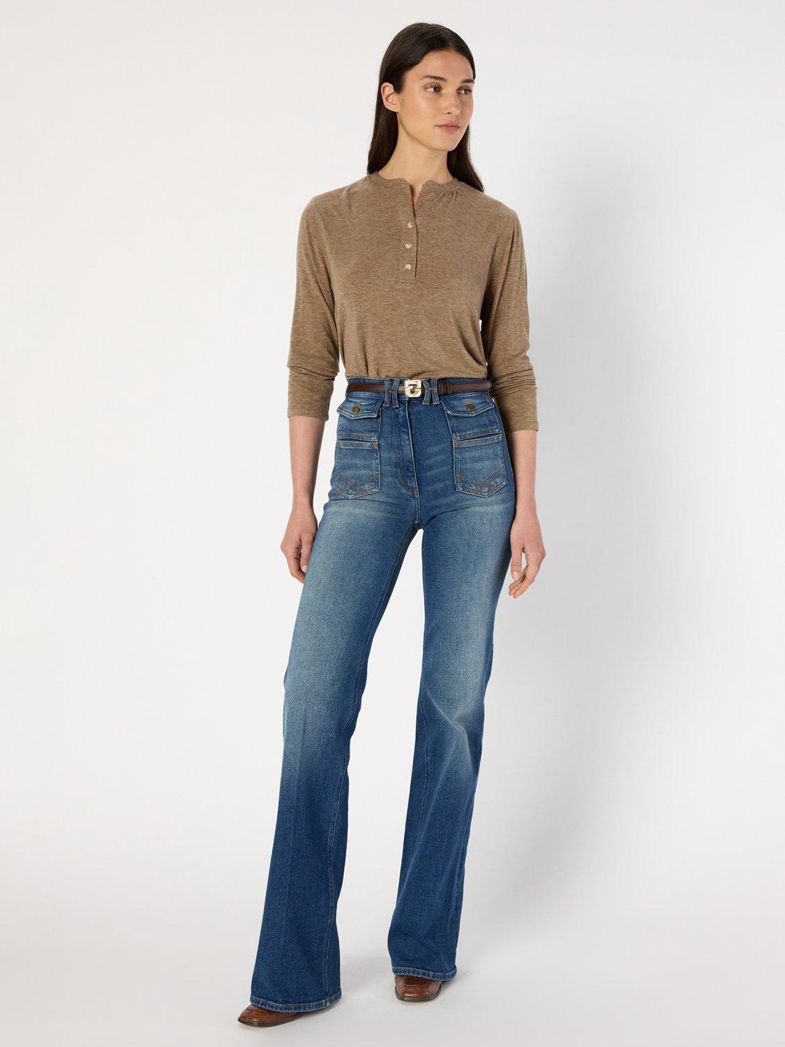 Product image 5 of 6, which shows Gerard Darel Hugue Button Neck Acrylic Knit Blend Jersey Top, Camel, 12