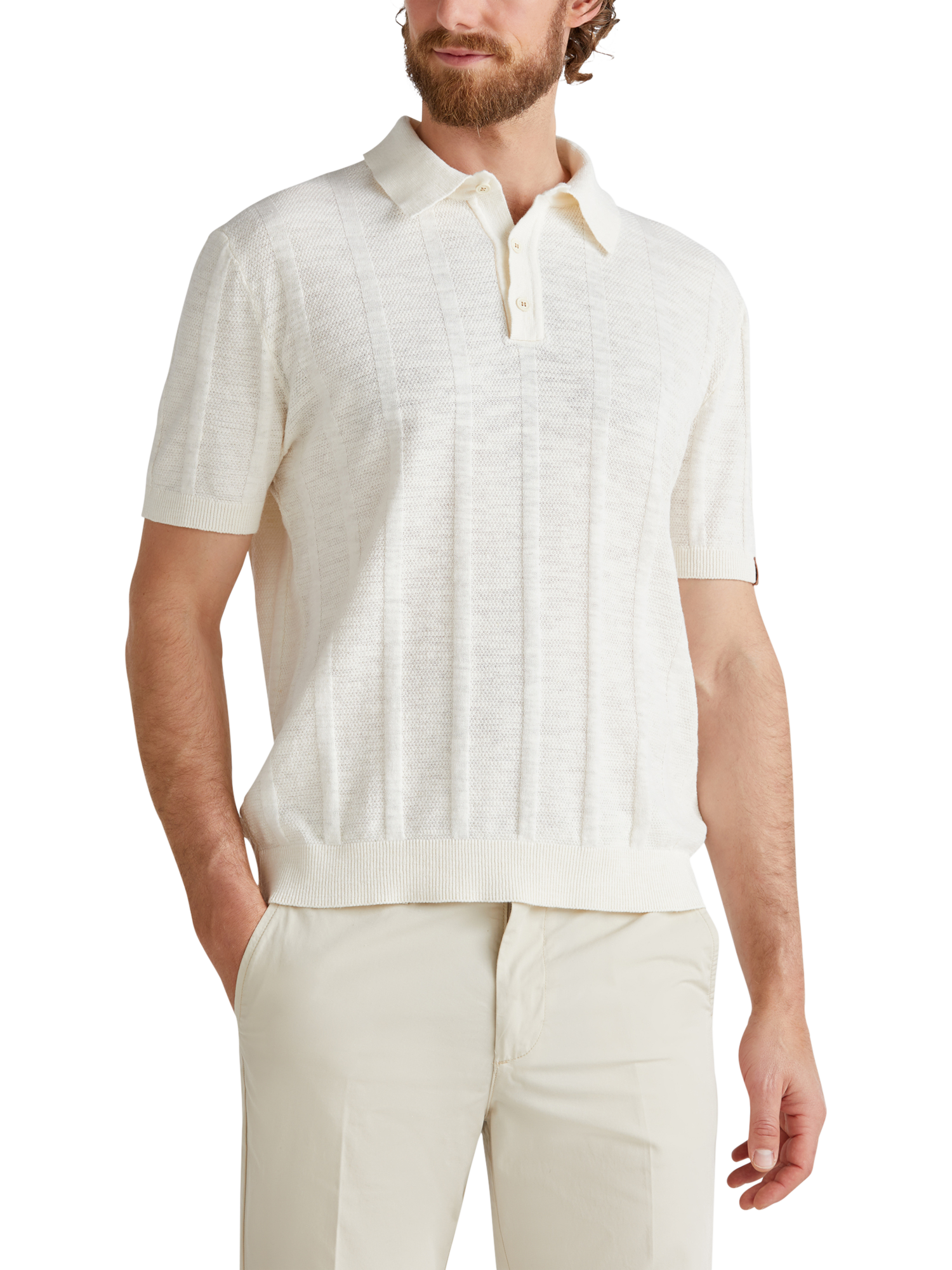 Product image 1 of 6, which shows Benetton Linen Blend Regular Fit Short Sleeve Polo Shirt, White Cream, XXL