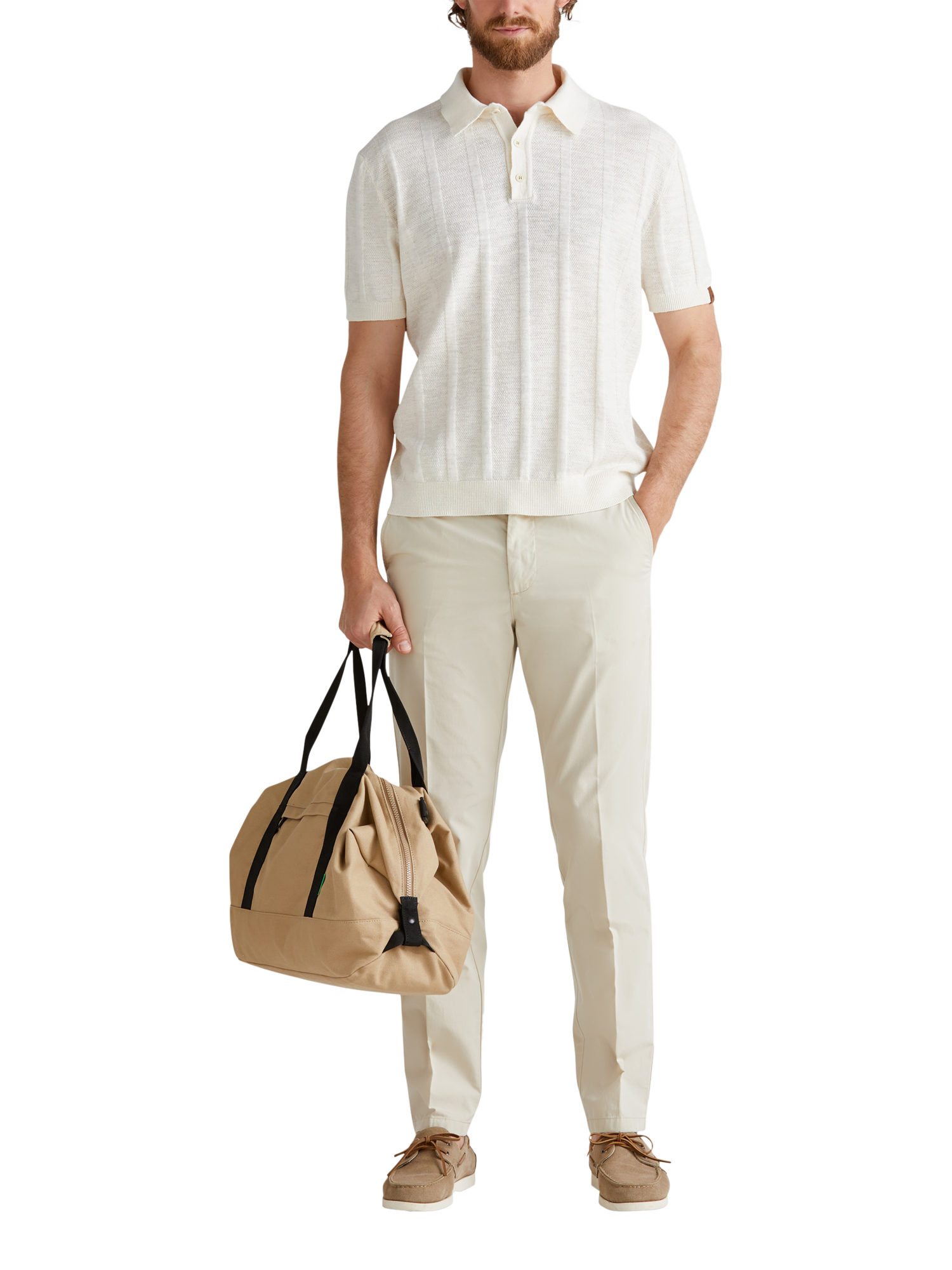 Product image 3 of 6, which shows Benetton Linen Blend Regular Fit Short Sleeve Polo Shirt, White Cream, XXL