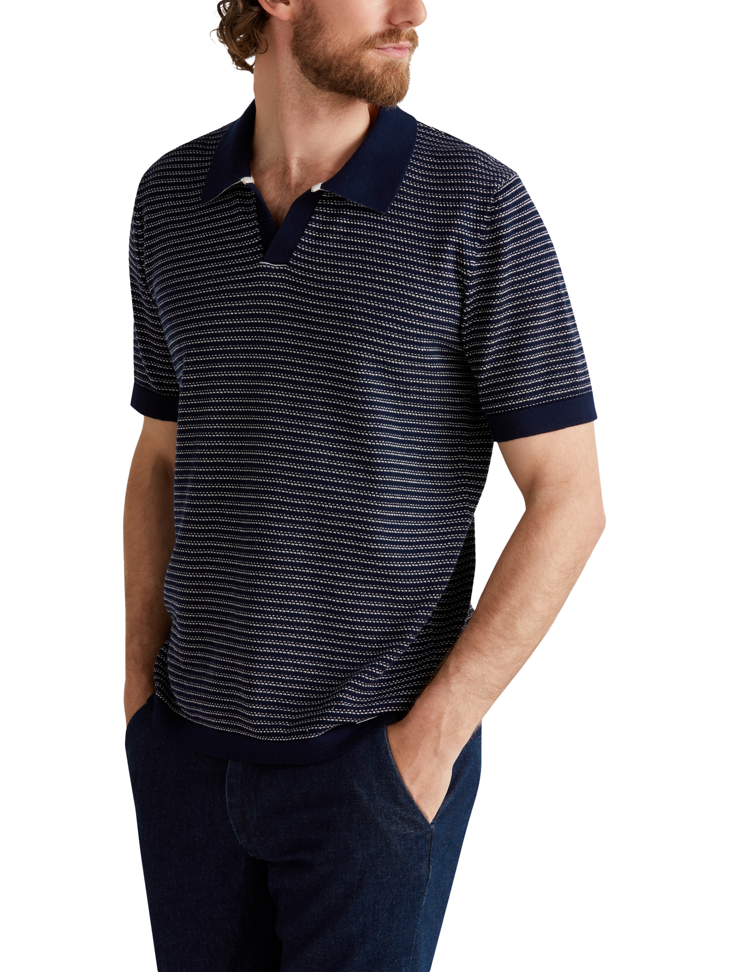 Product image 1 of 6, which shows Benetton Striped Regular Fit Buttonless Short Sleeve Polo Shirt, Night Blue, M
