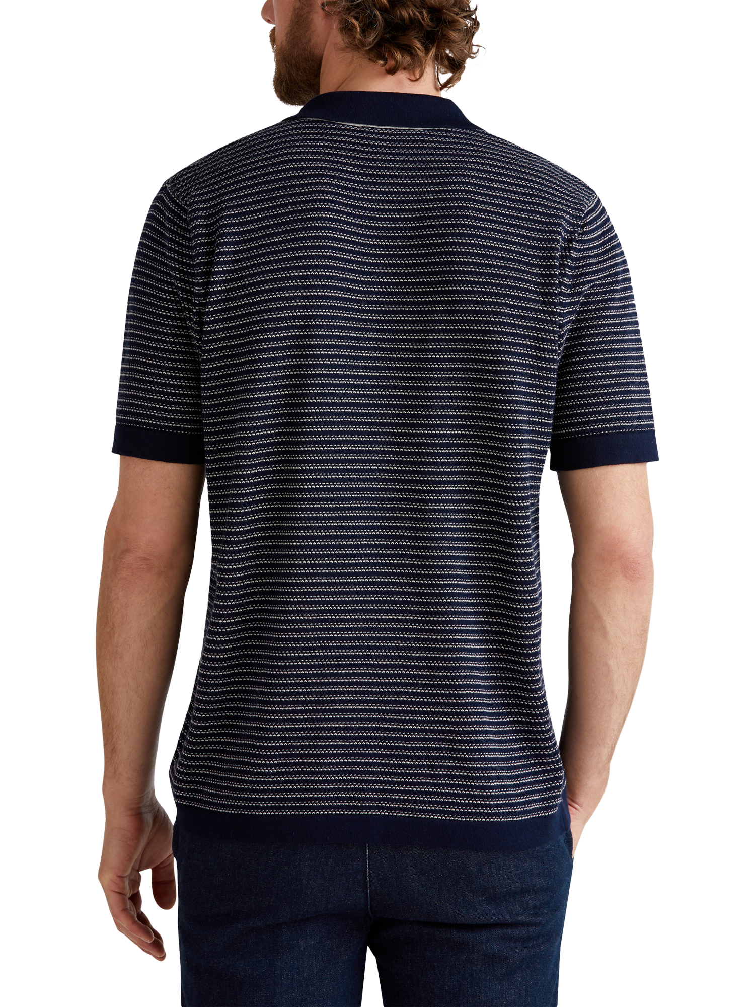 Product image 2 of 6, which shows Benetton Striped Regular Fit Buttonless Short Sleeve Polo Shirt, Night Blue, M