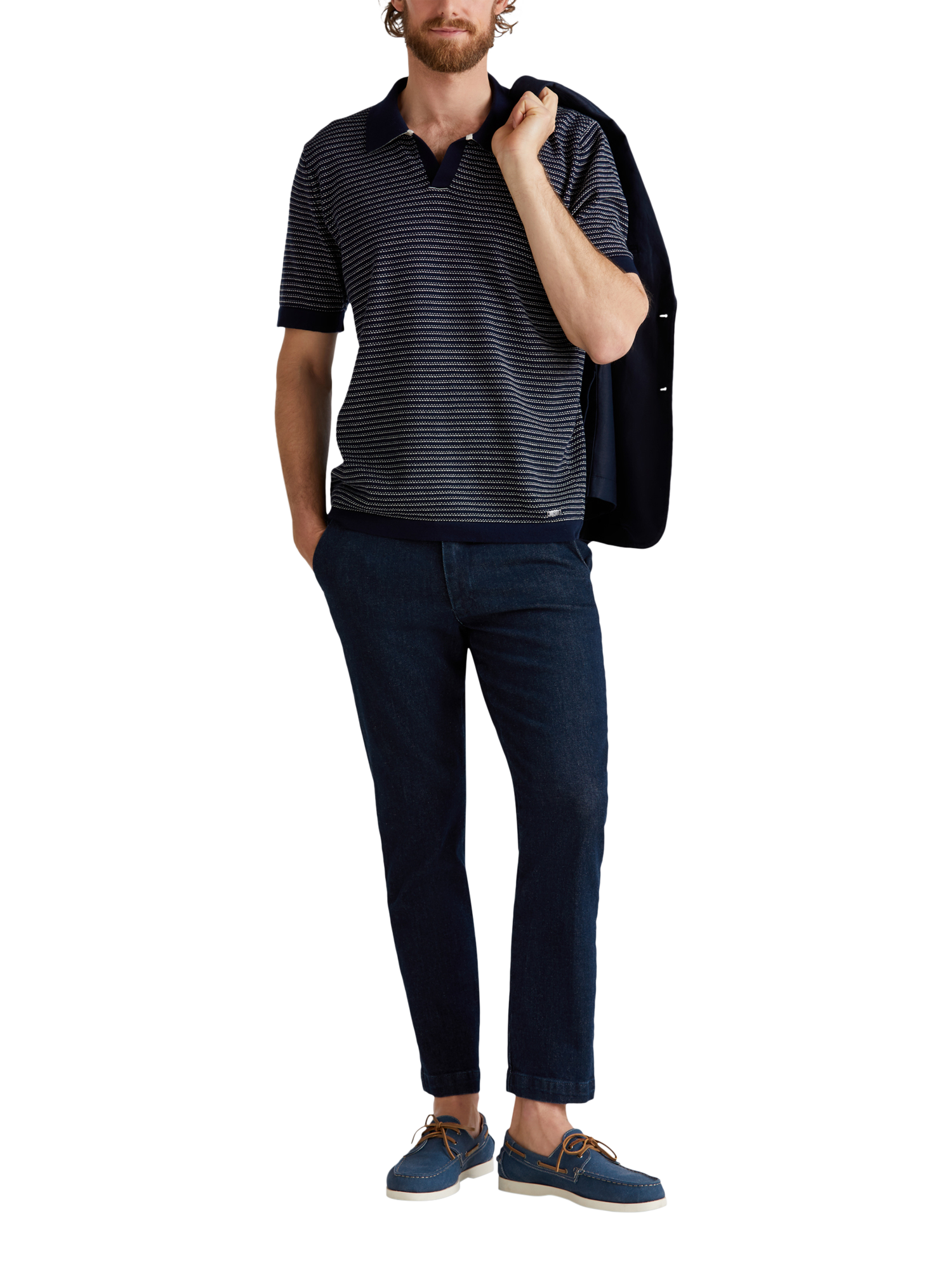 Product image 3 of 6, which shows Benetton Striped Regular Fit Buttonless Short Sleeve Polo Shirt, Night Blue, M