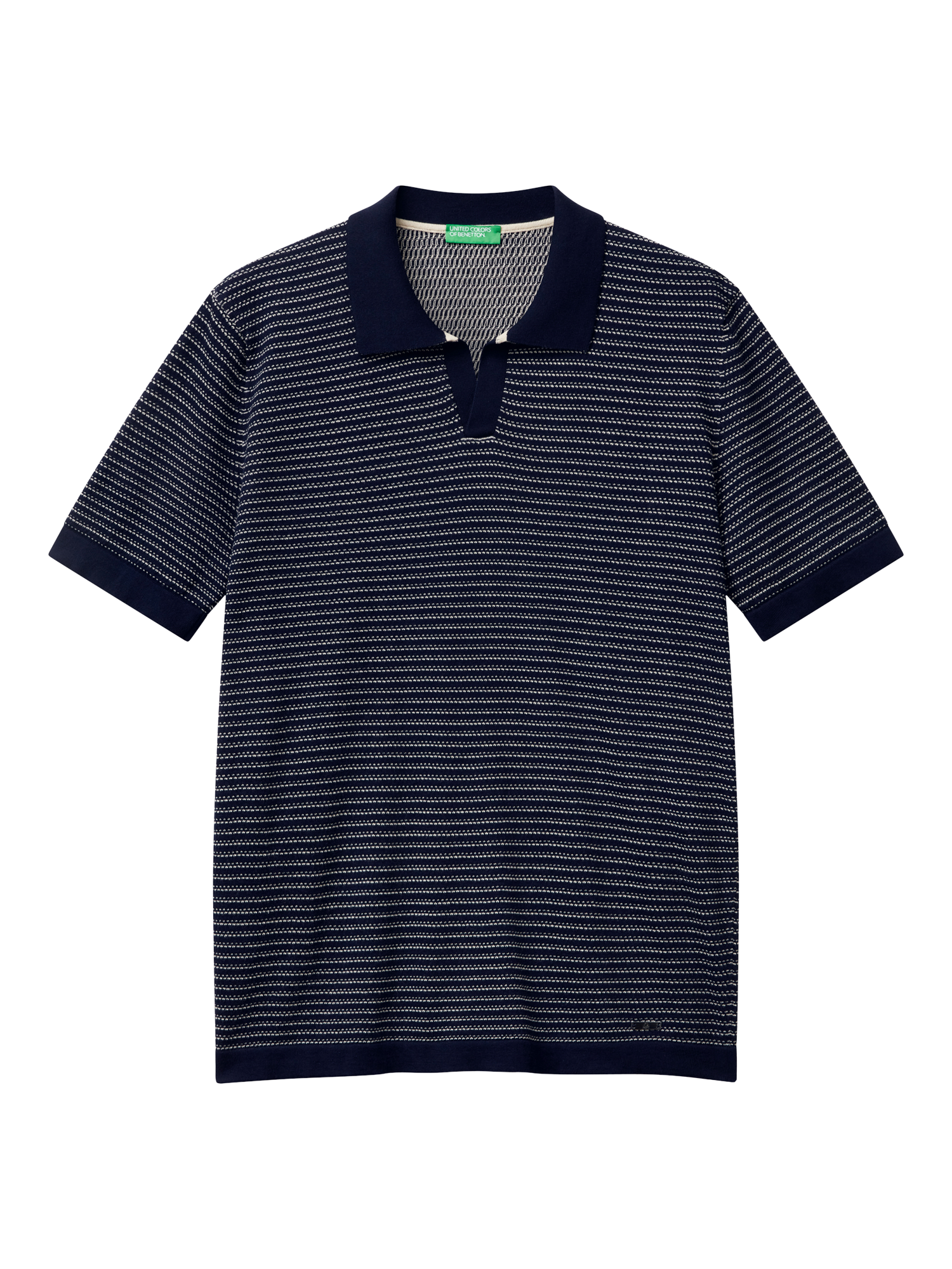 Product image 4 of 6, which shows Benetton Striped Regular Fit Buttonless Short Sleeve Polo Shirt, Night Blue, M