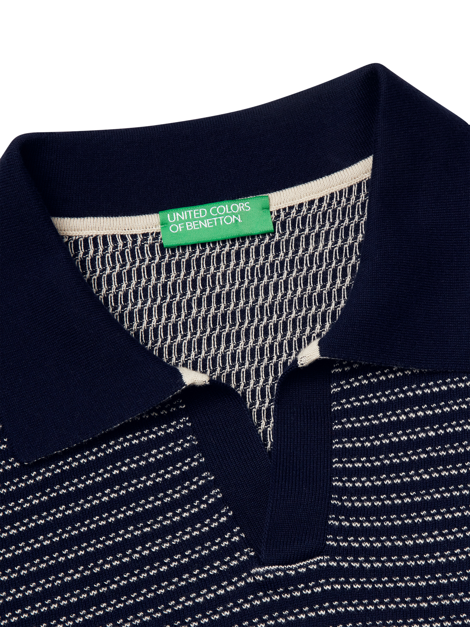 Product image 6 of 6, which shows Benetton Striped Regular Fit Buttonless Short Sleeve Polo Shirt, Night Blue, M